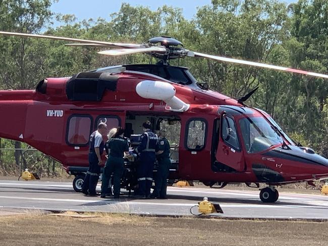 A helicopter carrying a US Marine injured in an Osprey crash at the Tiwi Islands near Darwin arrives at The Royal Darwin Hospital on Sunday, 27 August, 2023.