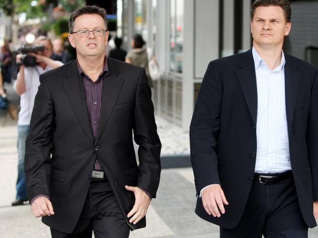 Company directors and brothers Andrew (L) and Brad Young leaving the Kleenmaid Second Creditors Meeting at the Mercure Hotel in Brisbane, Queensland after it was decided to liquidate the company.