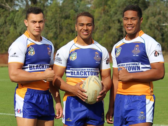 Tevita Cottrell (centre) with NSW U18s teammates Tyrell Fuimaono (left) and Soni Hala during their Patrician Brothers Blacktown days. Picture: Contributed