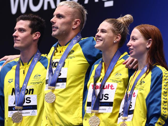 FUKUOKA, JAPAN - JULY 29: Gold medallists Jack Cartwright, Kyle Chalmers, Shayna Jack and Mollie O'Callaghan of Team Australia pose in the Mixed 4 x 100m Freestyle Relay Final on day seven of the Fukuoka 2023 World Aquatics Championships at Marine Messe Fukuoka Hall A on July 29, 2023 in Fukuoka, Japan. (Photo by Clive Rose/Getty Images)