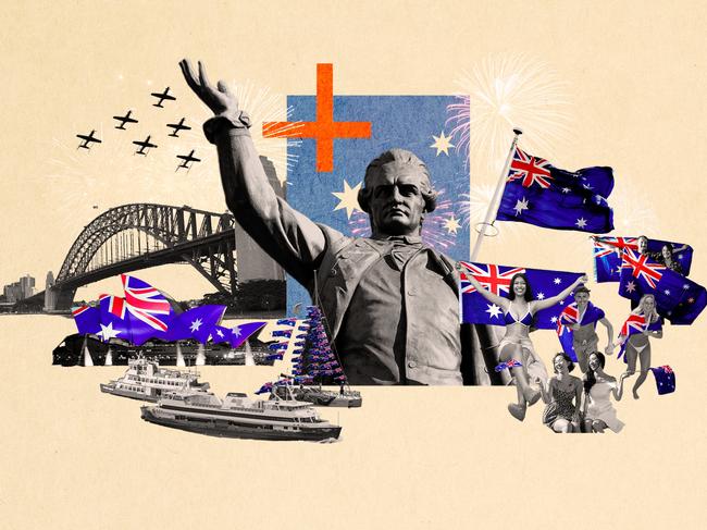 (4x3) 23 January 2025; Australia Day with people, boats, Sydney Opera House, Sydney Harbour Bridge and James Cook statue. Sources: iStock, Pexels and Pixabay. Artwork by Frank Ling. For PRINT