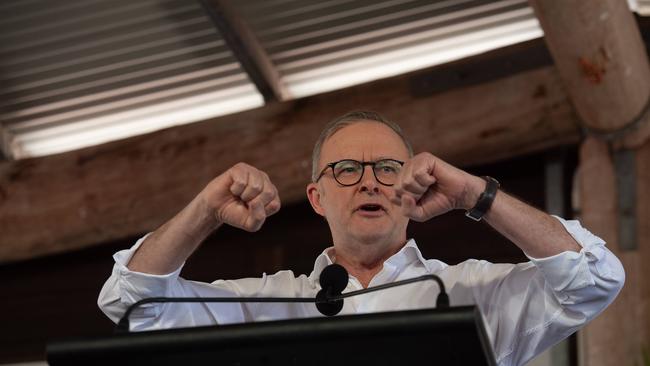Anthony Albanese speaks on Garma Key Note at the Garma Festival 2023. Picture: Pema Tamang Pakhrin