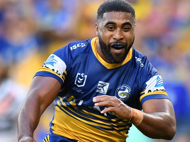 Michael Jennings of the Eels celebrates his try during the Round 6 NRL match between the Parramatta Eels and the Wests Tigers at Bankwest Stadium in Sydney, Monday, April 22, 2019.(AAP Image/Dean Lewins) NO ARCHIVING, EDITORIAL USE ONLY