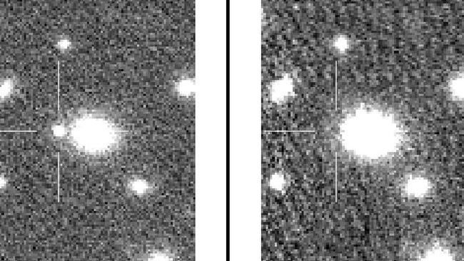 Before and after: This actual image of the supernova from astronomers at the Australian National University shows the new image on the left with the exploding star in the crosshairs. Compared with a picture of the same part of the sky from a few years ago on the right it is clear that the phenomenon is new.