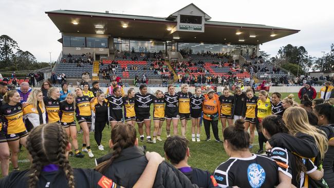 Gatton and Oakey get together after the game. Picture: Kevin Farmer.