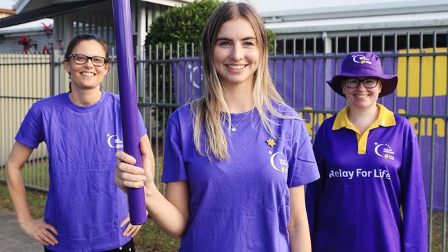 Cancer Council Queensland's Shalane Anderson, Chloe Stephenson and Tara Barnwell have been busy organising this year's relay. Picture: Brendan Radke