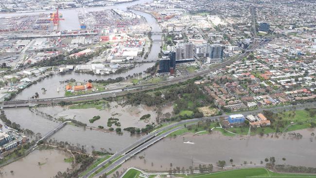 An aeriam image of floodwaters in Flemington. Picture: David Caird