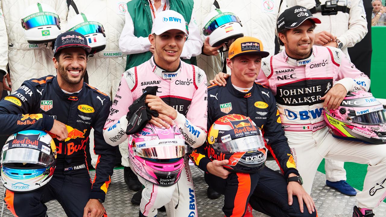 (L-R) Daniel Ricciardo, Esteban Ocon, Max Verstappen and Sergio Perez in 2017. Picture: Guido De Bortoli