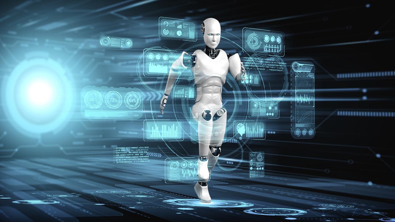 Running robot humanoid showing fast movement and vital energy in concept of future innovation development toward AI brain and artificial intelligence thinking by machine learning. 3D illustration.