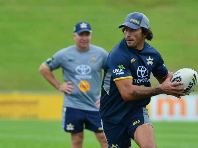 Cowboys coach Paul Green and Johnathan Thurston during a training session. Picture: Evan Morgan