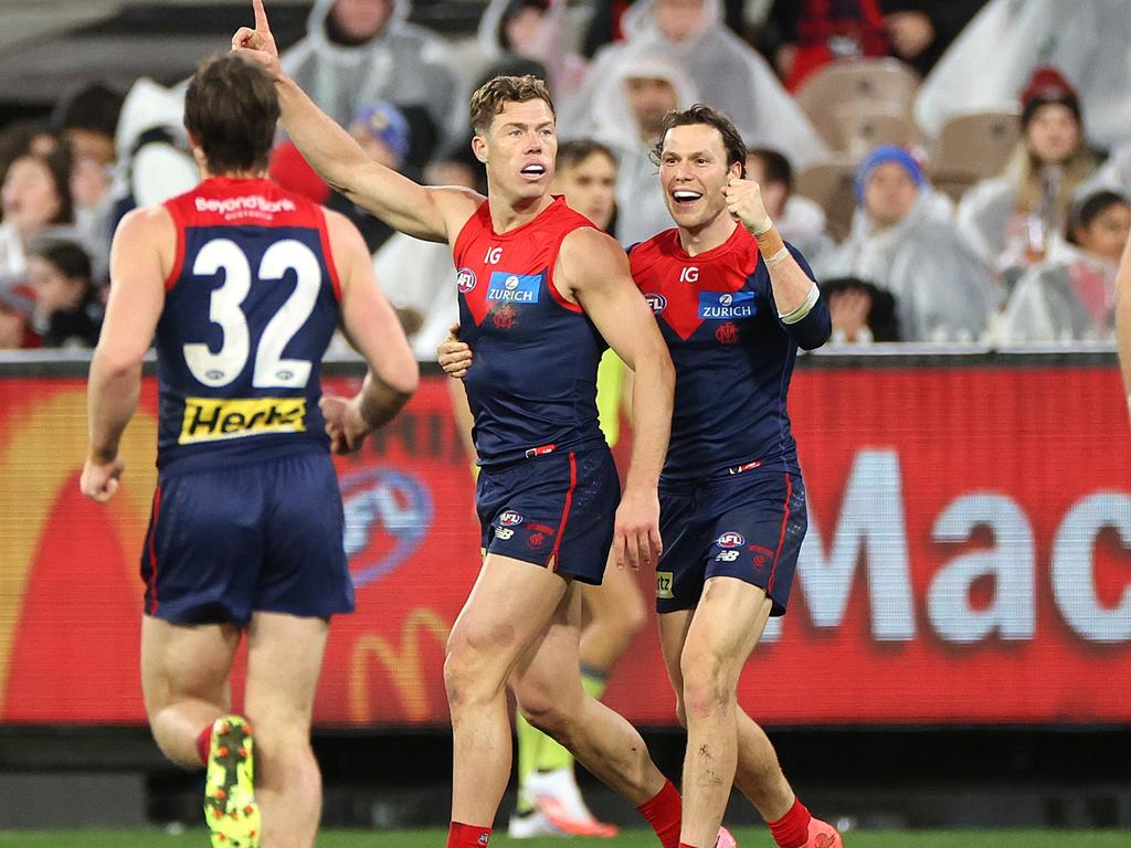 Melksham celebrates a final quarter goal against the Bombers. Picture: Kelly Defina/Getty Images