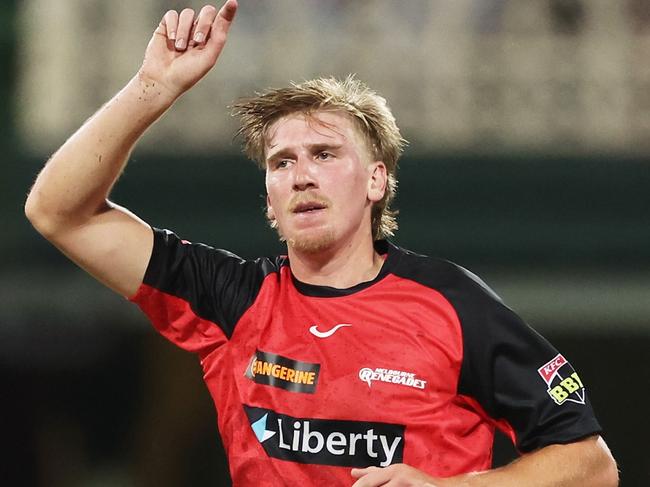 SYDNEY, AUSTRALIA - DECEMBER 16:  Will Sutherland of the Renegades celebrates taking the wicket of Joel Davies of the Sixers during the BBL match between Sydney Sixers and Melbourne Renegades at Sydney Cricket Ground, on December 16, 2024, in Sydney, Australia. (Photo by Matt King/Getty Images)