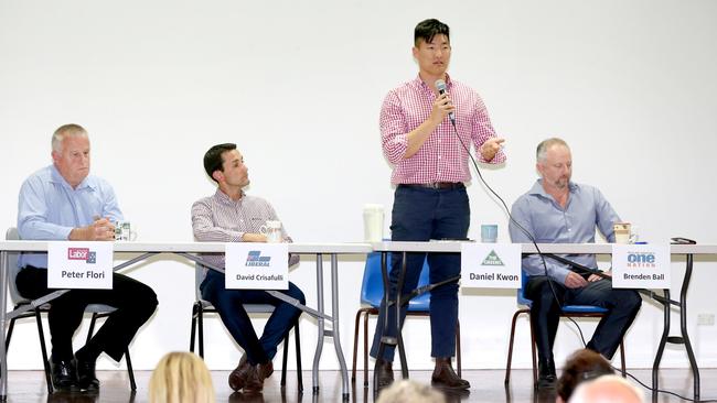 Candidates for Broadwater at the Paradise Point Community Hall (from left) Peter Flori, David Crisafulli, Daniel Kwon and Brendan Ball. Picture: Mike Batterham