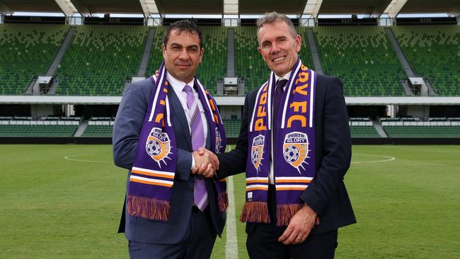 Perth Glory owner Ross Pelligra, left, with club CEO Anthony Radich earlier this year, says he has no idea why the Australian Taxation Office is trying to wind up the club. Picture: Getty Images