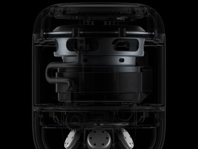 The guts of the HomePod with its big woofer and five tweeters at the base. Picture: Supplied.