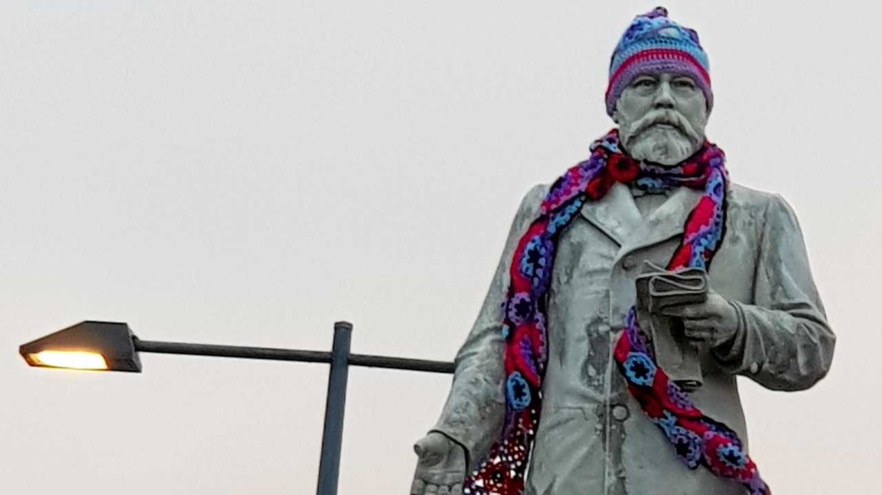 JUMPERS AND JAZZ COUNTDOWN: The Thomas Byrnes statue is dressed in time for jumpers and jazz. Picture: Warwick Art Gallery