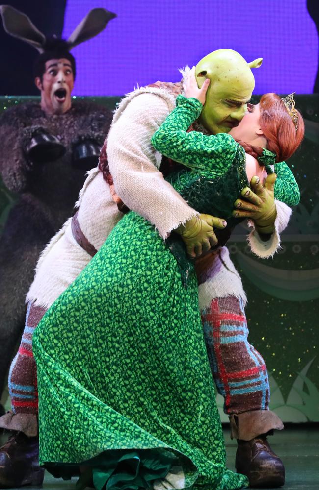 Lucy Durack as Princess Fiona, Ben Mingay as Shrek and Nat Jobe as Donkey. (AAP Image/David Crosling)