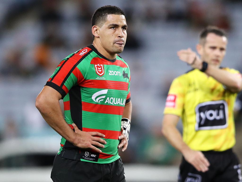 Cody Walker of the Rabbitohs looks dejected after being called for a forward pass. Picture: Getty Images