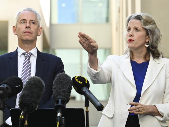 CANBERRA, AUSTRALIA, NewsWire Photos. MARCH 27, 2024: Minister For Home Affairs, Clare O'neil and Minister For Immigration, Citizenship And Multicultural Affairs, Andrew Giles hold a press conference at Parliament House in Canberra. Picture: NCA NewsWire / Martin Ollman