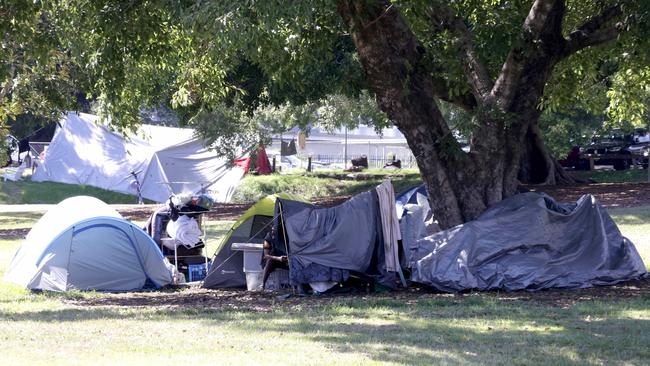 Homeless people camping in Musgrave Park, South Brisbane. Picture: Steve Pohlner