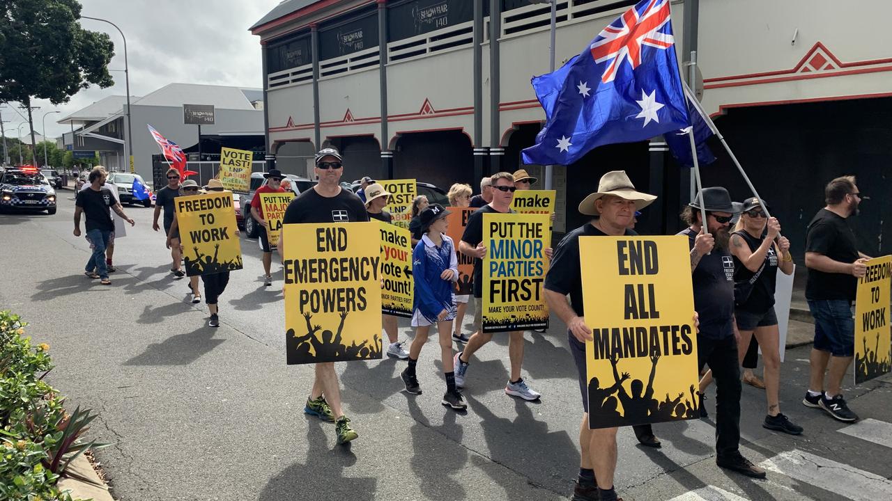 Unionists march in opposition to vaccine mandates at the Mackay Labour Day rally on May 2, 2022. Picture: Duncan Evans