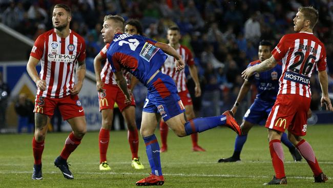 Riley McGree watches his stunning strike hit the back of the net against Melbourne City last season. Picture: AAP