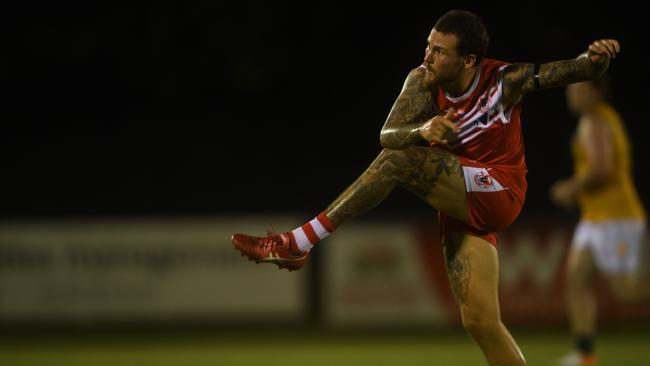 Jayden Magro kicks the ball down field for Waratah against St Mary’s. Picture: (A)manda Parkinson