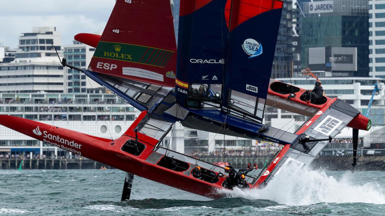 The Spain SailGP team on the edge in the New Zealand SailGP event in Auckland. Picture: Felix Diemer/SailGP.