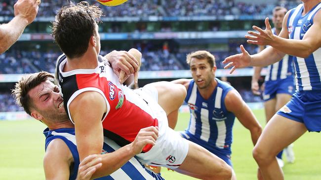 Luke McDonald lays a strong tackle on St Kilda’s Jack Steven. Picture: Getty Images