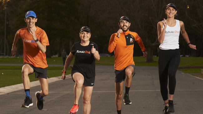 Runners, Jacob Cocks, Voula Nisyrios, Riley Cocks and Issie Hume from RunAsOne at Victoria Park. Picture: Matt Loxton