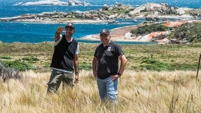 The WWF's Darren Grover, right, with the Tasmanian Aboriginal Centre's Andry Sculthorpe on Lungtalanana in Bass Strait. Picture: WWF/Chris Crerar