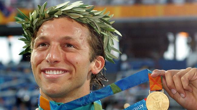 Ian Thorpe with his medal after the final of the 200m freestyle in Athens.