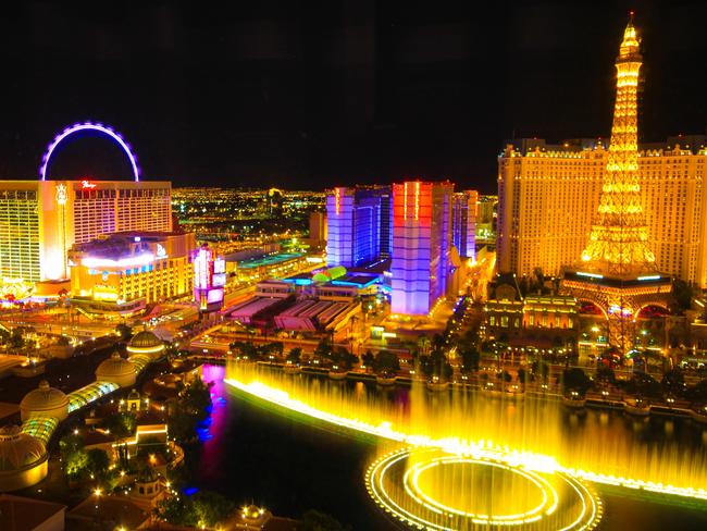 ESCAPE:  Las Vegas, USA - September 4, 2014: Aerial view of Las Vegas Strip resorts and casinos at night. Large dancing fountain of Bellagio is a major attraction on the Las Vegas Strip.  Picture: Istock