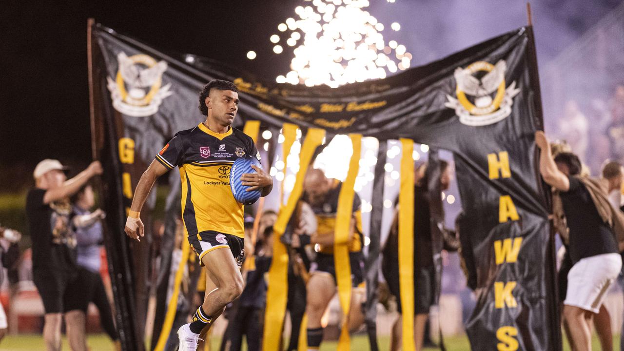 Blake Appo runs out for Gatton against Valleys in TRL Hutchinson Builders A-grade grand final rugby league at Toowoomba Sports Ground, Saturday, September 14, 2024. Picture: Kevin Farmer