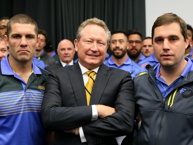 5/09/2017Matt Hodgson Force 2017 captain, Andrew Forrest and David Wessels coach 2017.Andrew Forrest , Western Force coaching staff, players, administration staff and board members meet at RugbyWA Hq to discuss what they are to do after western Force lost their court case, at Floreat.pic Colin Murty The Australian