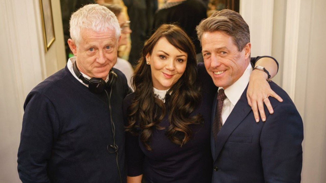 On the set of Love Actually: Richard Curtis, Martine McCutcheon and Hugh Grant. Picture: Emma Freud/Twitter