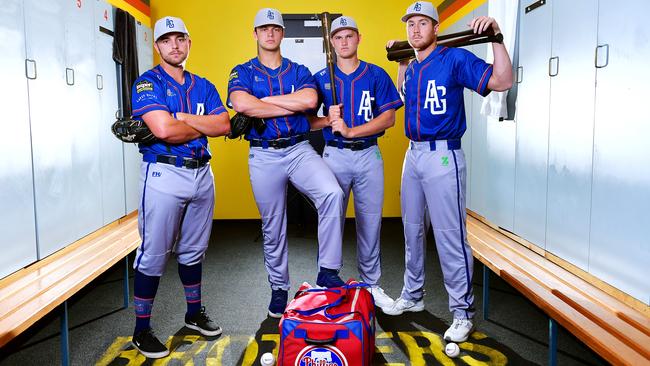 Adelaide Giants US imports Ben Aklinski, Logan O’Hoppe and Cole Stobbe with their SA-born Philadelphia Phillies teammate Curtis Mead. Picture: AAP/Mark Brake