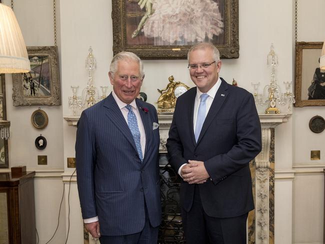 Australian Prime Minister Scott Morrison with Prince Charles at Clarence House in London. Picture: Ella Pellegrini