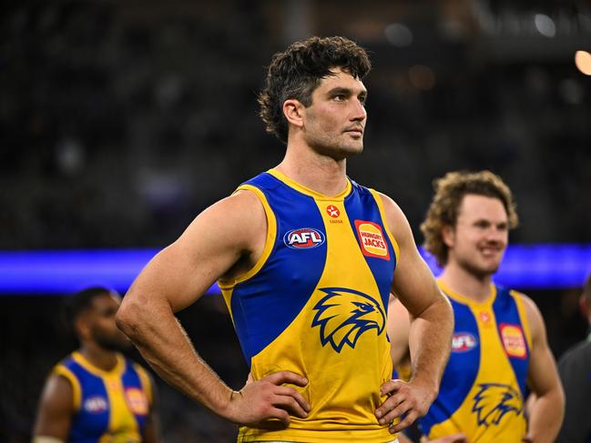PERTH, AUSTRALIA – JULY 27: Tom Barrass of the Eagles looks on after the loss during the 2024 AFL Round 20 match between the Fremantle Dockers and the West Coast Eagles at Optus Stadium on July 27, 2024 in Perth, Australia. (Photo by Daniel Carson/AFL Photos via Getty Images)