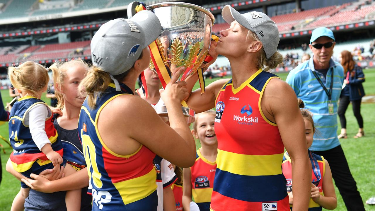 Ebony Marinoff and Erin Phillips after the 2019 AFLW Grand Final. Picture: Keryn Stevens