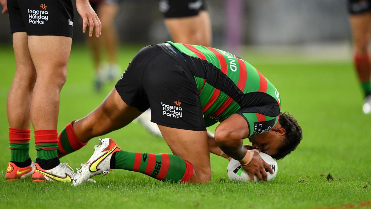 Latrell Mitchell down with a hamstring injury. Picture: NRL Photos/Gregg Porteous