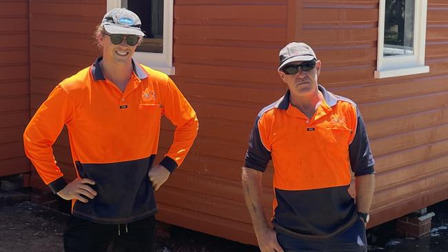 Holiday park staff Jack Moye and Al Platts. Renovation of the historic Sawtell Hall nearing completion on November 24, 2022. Picture: Chris Knight