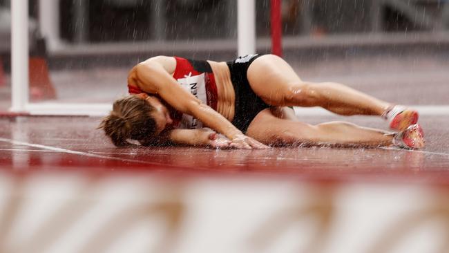 TOKYO, JAPAN - AUGUST 02:  Sara Slott Petersen of Team Denmark reacts after competing in the Women's 400 metres hurdles semi finals on day ten of the Tokyo 2020 Olympic Games at Olympic Stadium on August 02, 2021 in Tokyo, Japan. (Photo by Ezra Shaw/Getty Images)