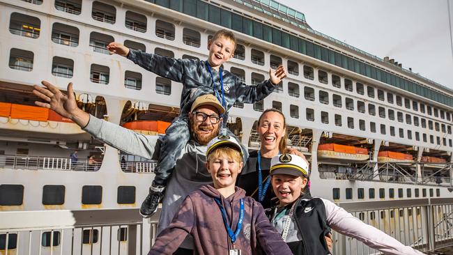 Cruise passengers Luke and Linda Medhurst with kids Fletcher, 8, Parker, 10, and Keeley, 9, in front of the P&amp;O Pacific Explorer at Outer Harbor. Picture: Tom Huntley