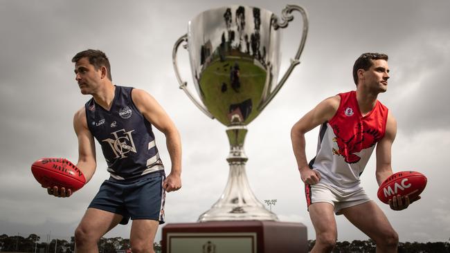 Noarlunga captain Tom Caudle with Flagstaff Hill skipper David Kearsley getting ready to face off in this Saturday’s SFL grand final. Picture: Brad Fleet