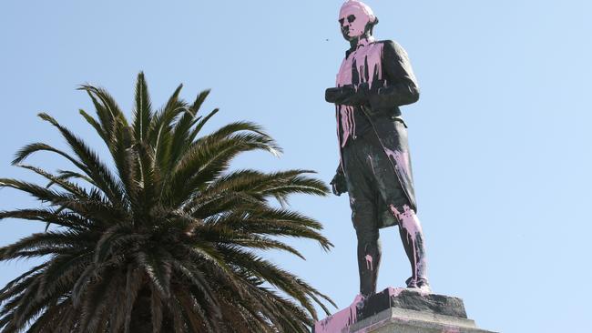 The James Cook statue in St Kilda was doused in pink paint in 2018. Picture: AAP Image/David Crosling