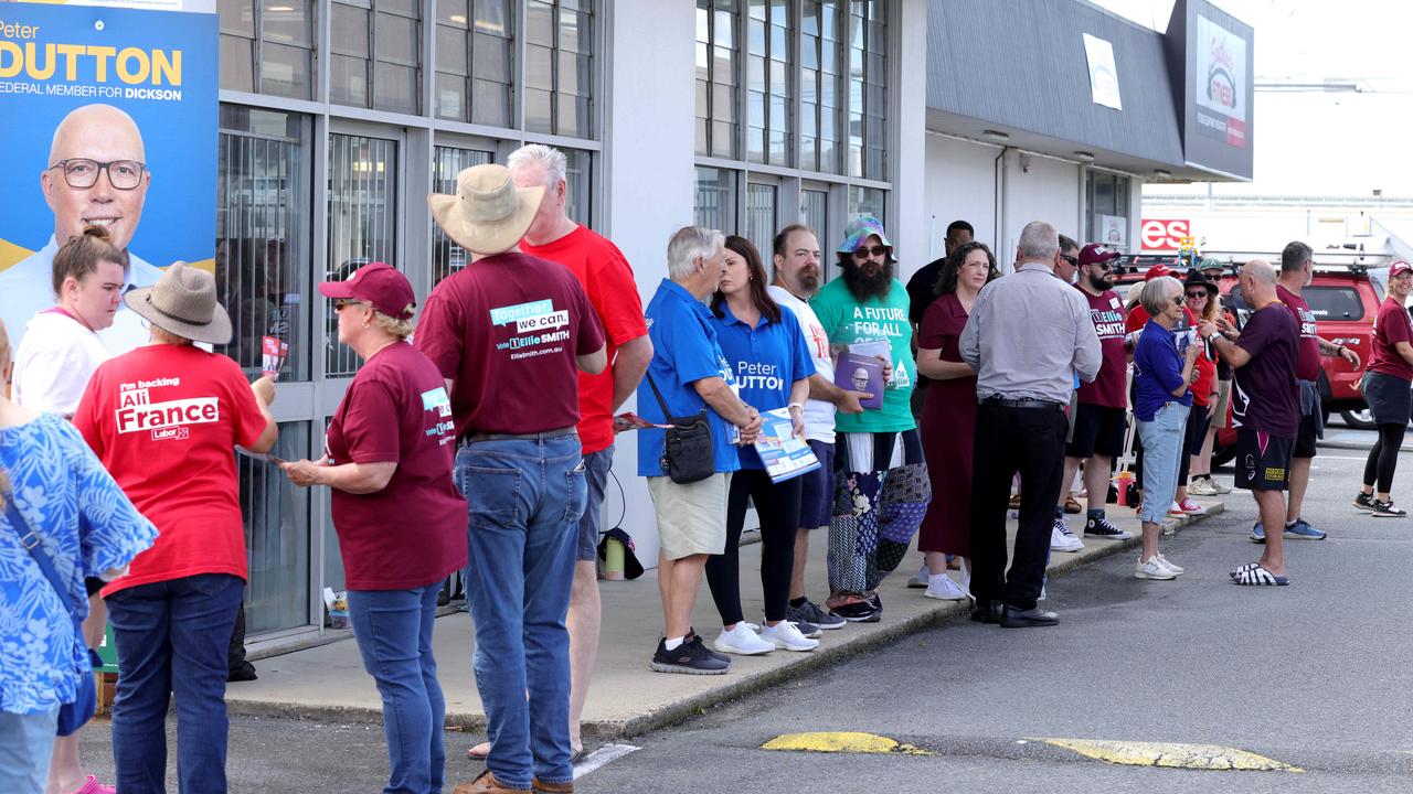 People line up at pre-poll election booth. An exit poll suggests Peter Dutton could even lose his own seat. Picture: Steve Pohlner