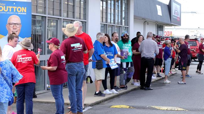 People line up at pre-poll election booth. An exit poll suggests Peter Dutton could even lose his own seat. Picture: Steve Pohlner