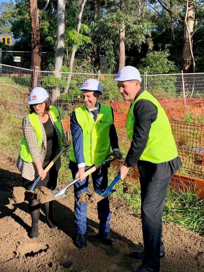 Education Minister Sarah Mitchell, Skills Minister Geoff Lee and Ryde MP Victor Dominello turned the first sod at the Meadowbank site on Tuesday.