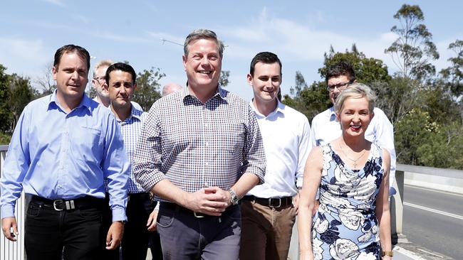 Queensland LNP leader Tim Nicholls with Gold Coast candidates during a layover at Exit 45 in Ormeau where he  is set to announce $250 million towards building a second M1 to bust the Pacific Motorway gridlock. Picture: AAP Image/Regi Varghese